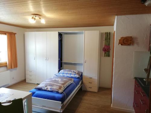 塞德龙尔斯那公寓的一间卧室配有一张带蓝色床单和白色橱柜的床。
