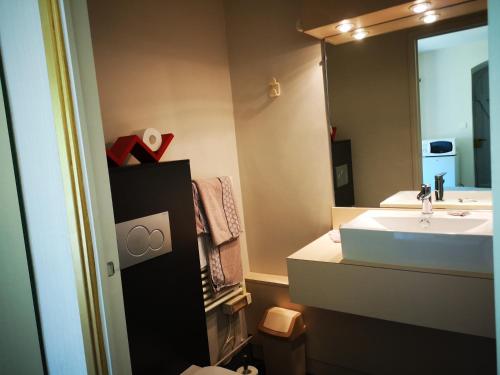 圣锡尔万当茹Guest House La Fauvelaie的一间带水槽和镜子的浴室