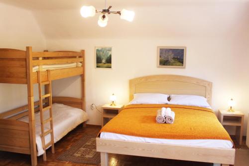 布莱德Homestead Zatrnik near Bled的一间卧室配有双层床,上面有两双鞋