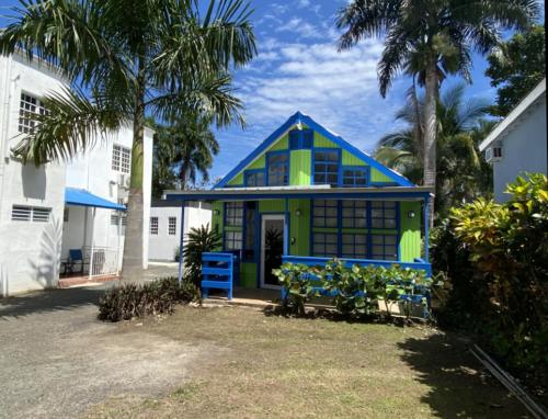 卡沃罗霍Blue House Joyuda的前面是一座种植了棕榈树的蓝色绿色房子