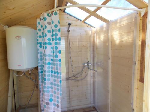 哈普萨卢Kastani Camping的木制墙壁上带淋浴的浴室