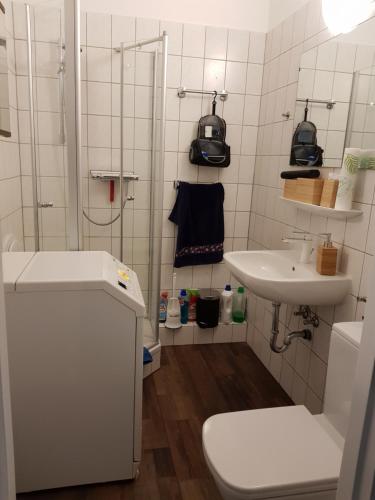 Halle-NeustadtAm Landschaftsschutzgebiet, 3 Zimmer, nur mit Mietvertrag的带淋浴、卫生间和盥洗盆的浴室