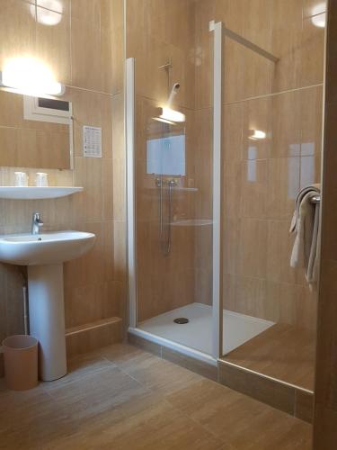 卢尔德圣塞巴斯蒂安酒店的带淋浴和盥洗盆的浴室