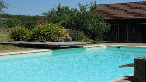莫扎克和格朗德-卡斯唐Chambres d'hôtes de la Grande Combe的庭院里的一个蓝色海水游泳池