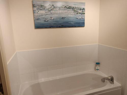 圣尼奥特River Ground Floor Apartment - 70 Skipper Way的带浴缸的浴室和墙上的绘画