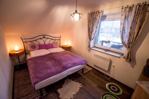 特尔乔夫Apartmán Levander的一间卧室设有紫色的床和窗户
