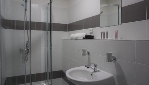 捷克布杰约维采Hotel Metropol CB的一间带水槽和玻璃淋浴的浴室