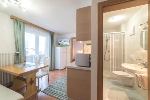 普拉托·阿罗·斯泰尔维奥奥尔特勒霍夫公寓酒店的一间带水槽和卫生间的浴室以及一张书桌。