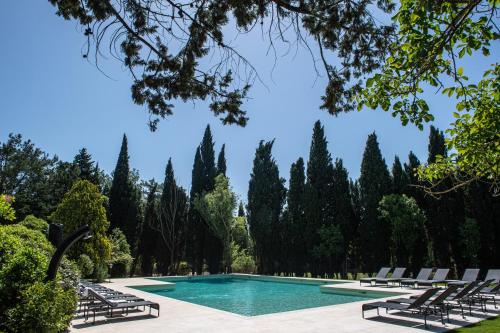 圣雷米普罗旺斯Hôtel Mas Valentine的一个带躺椅和树木的游泳池