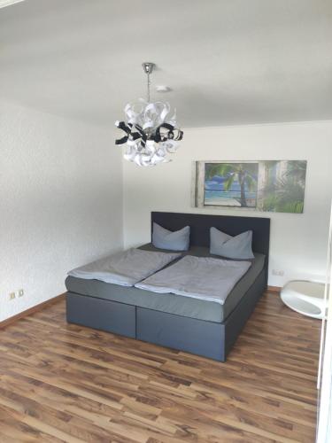 安格尔明德Ferienwohnung Dobberzin nahe Mündesee的一间卧室配有一张床和一个吊灯