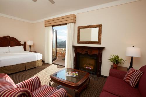 蒂梅丘拉南海岸酒庄度假酒店及Spa的酒店客房配有一张床和一个壁炉。