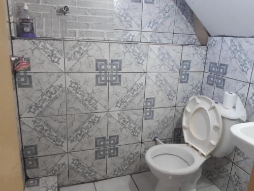 巴西利亚Pousada do Luquinhas的一间带卫生间和瓷砖墙的浴室