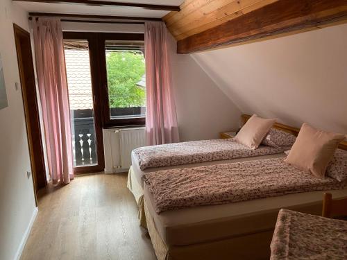 博希尼Hiša Planšar Bohinj accommodations的一间卧室设有两张床和窗户。