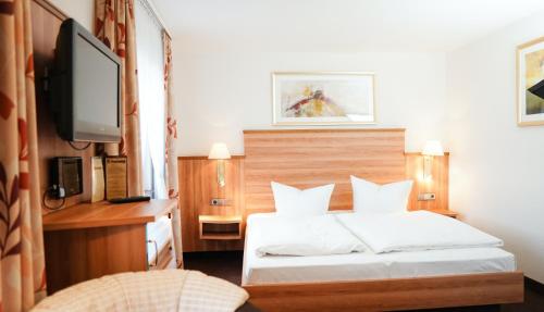 巴特温普芬Neckarblick SELF Check IN Hotel的一间卧室配有一张床和一台平面电视
