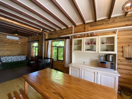 盖贝莱Fairy Tale的厨房和带木制天花板的客厅