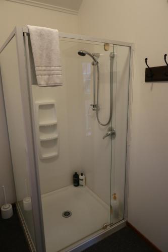 克莱德The Tinkers Cottage的带淋浴的浴室和玻璃门