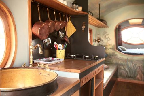 BeaulonLa Roulotte des Grillots的一间带木制柜台和水槽的浴室