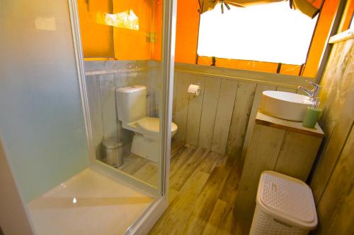 比奥格勒·纳·莫鲁Grande Glamping with Pool的带淋浴、卫生间和盥洗盆的浴室