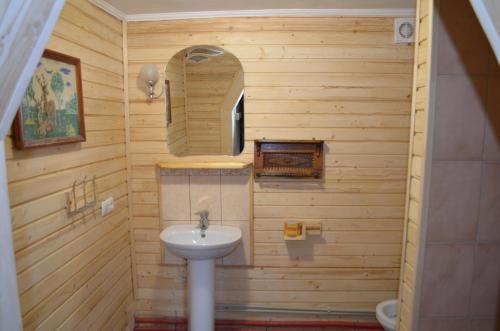 沃罗赫塔Гуцульська Спадщина的木制浴室设有水槽和镜子