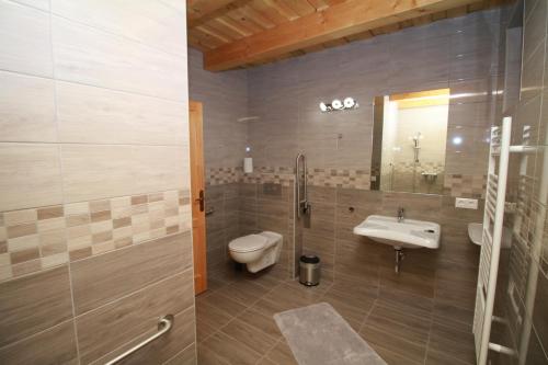 海吉克BONI Apartmanok的一间带水槽、卫生间和淋浴的浴室
