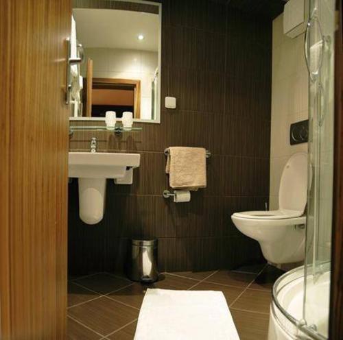 科希策贝丽尔酒店的一间带水槽、卫生间和镜子的浴室