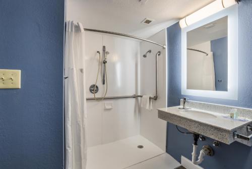 汉普顿Quality Inn的带淋浴、盥洗盆和镜子的浴室