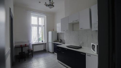 利沃夫Family Hostel Lviv的厨房配有白色家电、桌子和窗户