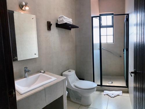 乌鲁阿潘HOTEL MI SOLAR EJECUTIVO的浴室配有卫生间、盥洗盆和淋浴。