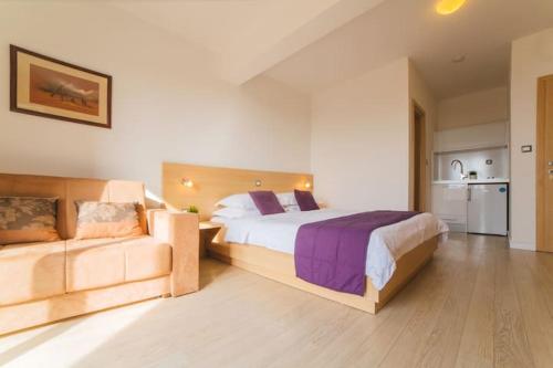马卡尔斯卡Villa Dubrovnik的一间卧室配有一张大床和一张沙发