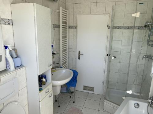 申瓦尔德Haus Gutach的带淋浴、盥洗盆和卫生间的浴室