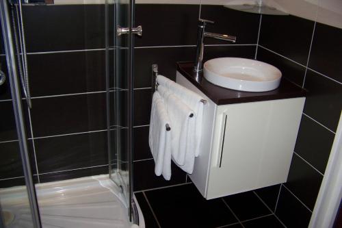 特诺亚姆巴勒酒店的浴室配有盥洗盆、淋浴和毛巾