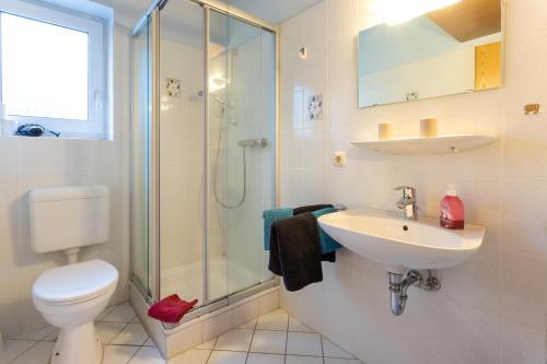 BehringenRhododendronhof的浴室配有卫生间、盥洗盆和淋浴。