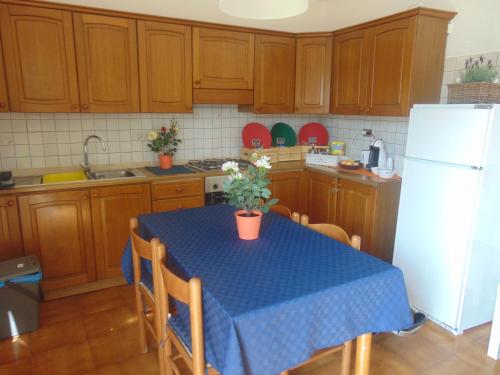 比萨卡萨帝圣卢西亚乡村民宿 的厨房配有蓝色桌椅和白色冰箱。