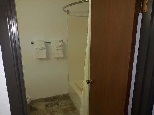 迈诺特Guest Lodge Motel的带淋浴、卫生间和毛巾的浴室