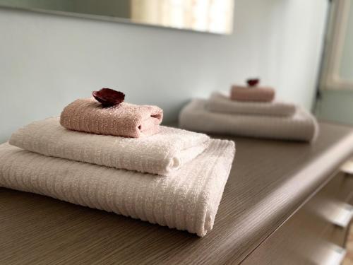 塔兰托Relax in Taranto的浴室内一个柜台上的一堆毛巾