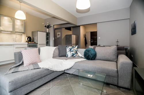 亚历山德鲁波利斯B12 new & modern seafront apartment的带沙发的客厅和厨房
