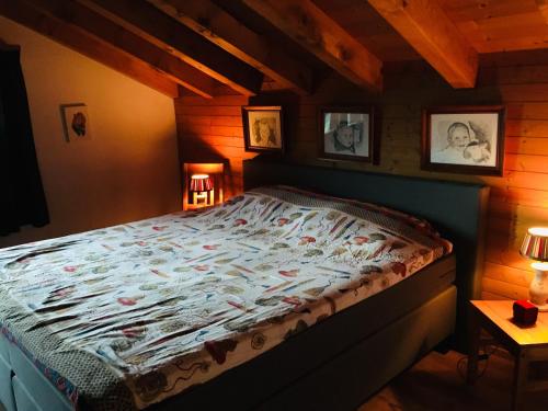 埃尔嫩Aragon lodge的木制客房内的一间卧室,配有一张床
