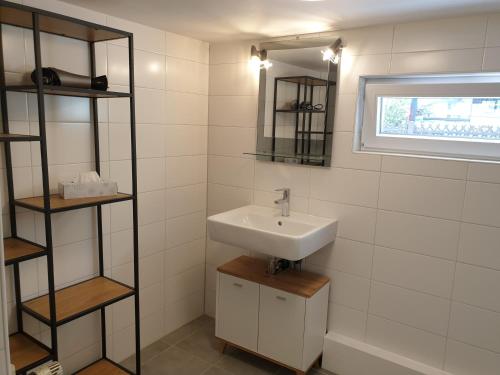 林道HummelHaus 3 in Lindau的一间带水槽、镜子和书架的浴室