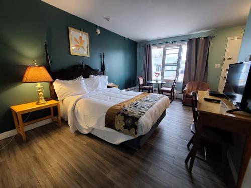 北悉尼Highland Motel的酒店客房设有一张大床和一张书桌。