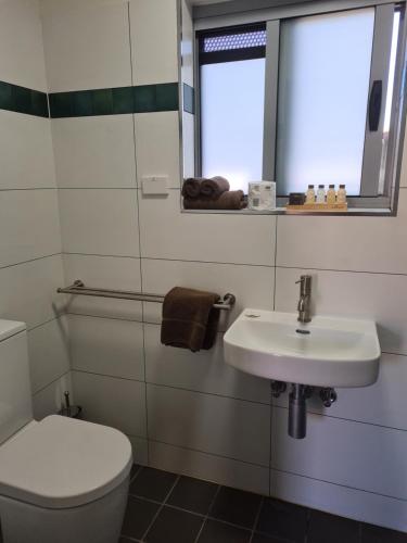 滕南特克里克Safari Lodge Motel的一间带卫生间和水槽的浴室