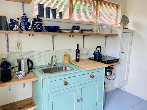 卑尔根Tiny House De Oude Berg的蓝色的厨房设有水槽和书架