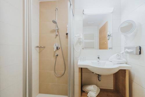 蓬高地区圣法伊特Hotel Silberfux的一间带水槽和淋浴的浴室