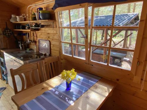 冉那库拉Nõva Madise Guesthouse的一个带桌子和窗户的小厨房