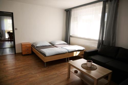 ŠluknovUbytování Chadimovi的一间卧室配有一张床、一张沙发和一张桌子