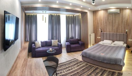 哈尔科夫维瓦酒店的一间卧室配有一张床、一张沙发和一台电视。