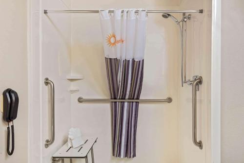 拉斯维加斯La Quinta Inn & Suites by Wyndham Las Vegas Nellis的浴室里装有花的浴帘