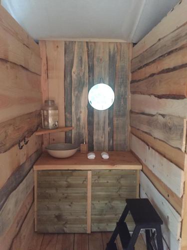 沙泰勒吉永cabane de l'Ecureuil的木墙客房内设有带水槽的浴室