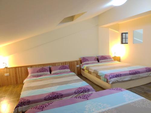 花莲市日光森林親子民宿的紫色床单的客房内的两张床