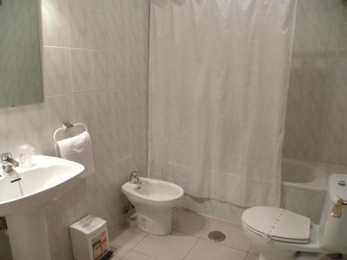 阿雷瓦洛Hostal Las Fuentes的浴室配有水槽、卫生间和浴帘
