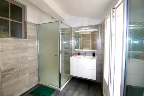 塞特港Grand appartement avec vue sur quai的一间带玻璃淋浴和水槽的浴室